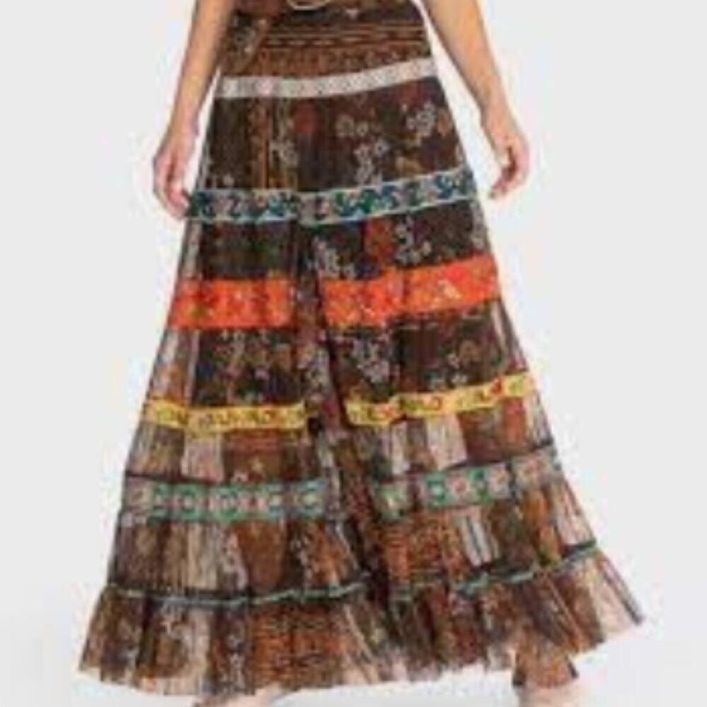 Johnny Was Wilhelmena Tiered Mesh Skirt multi colored XL